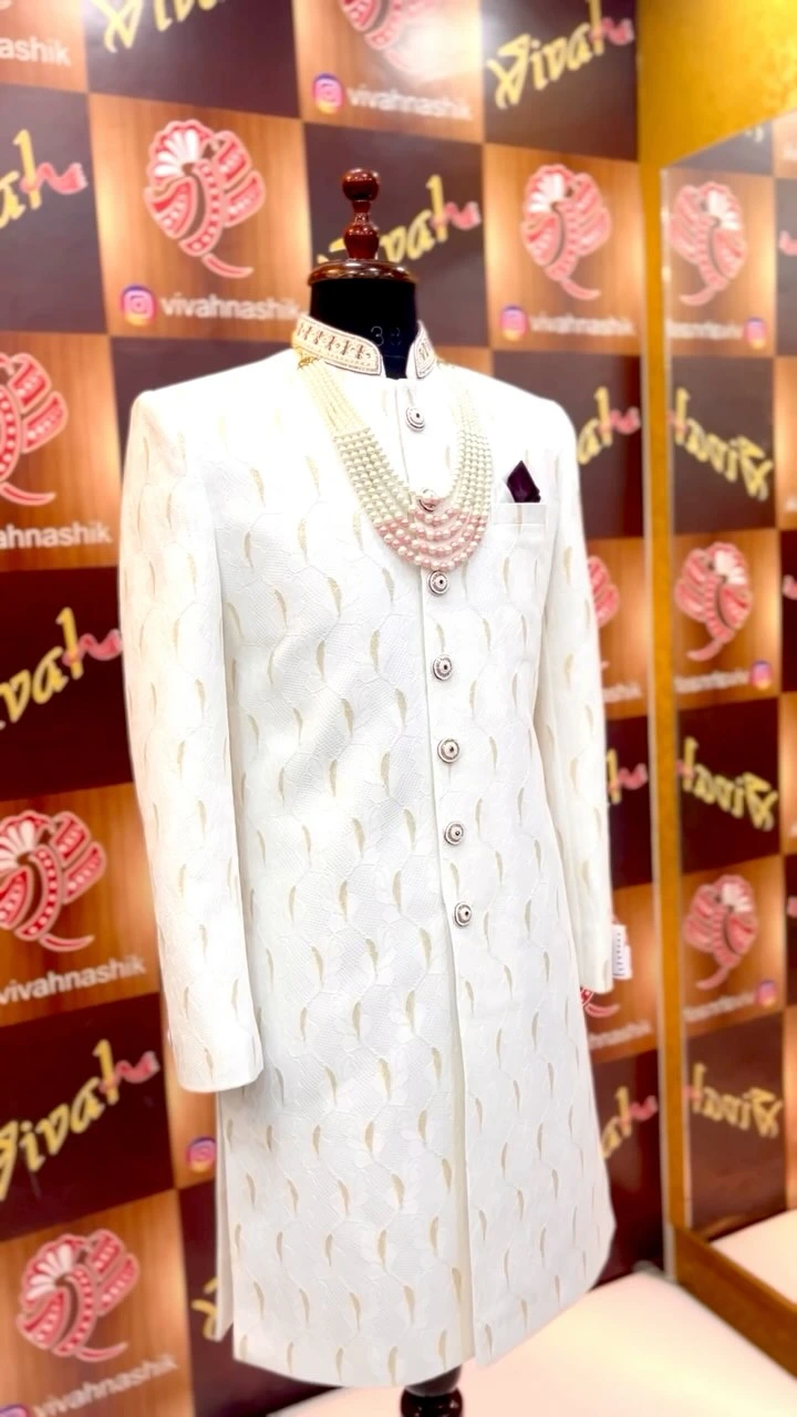 Imperial Ivory handcrafted wedding sherwani with tone-on-tone embroidery and multi-layer pearl kanthamala