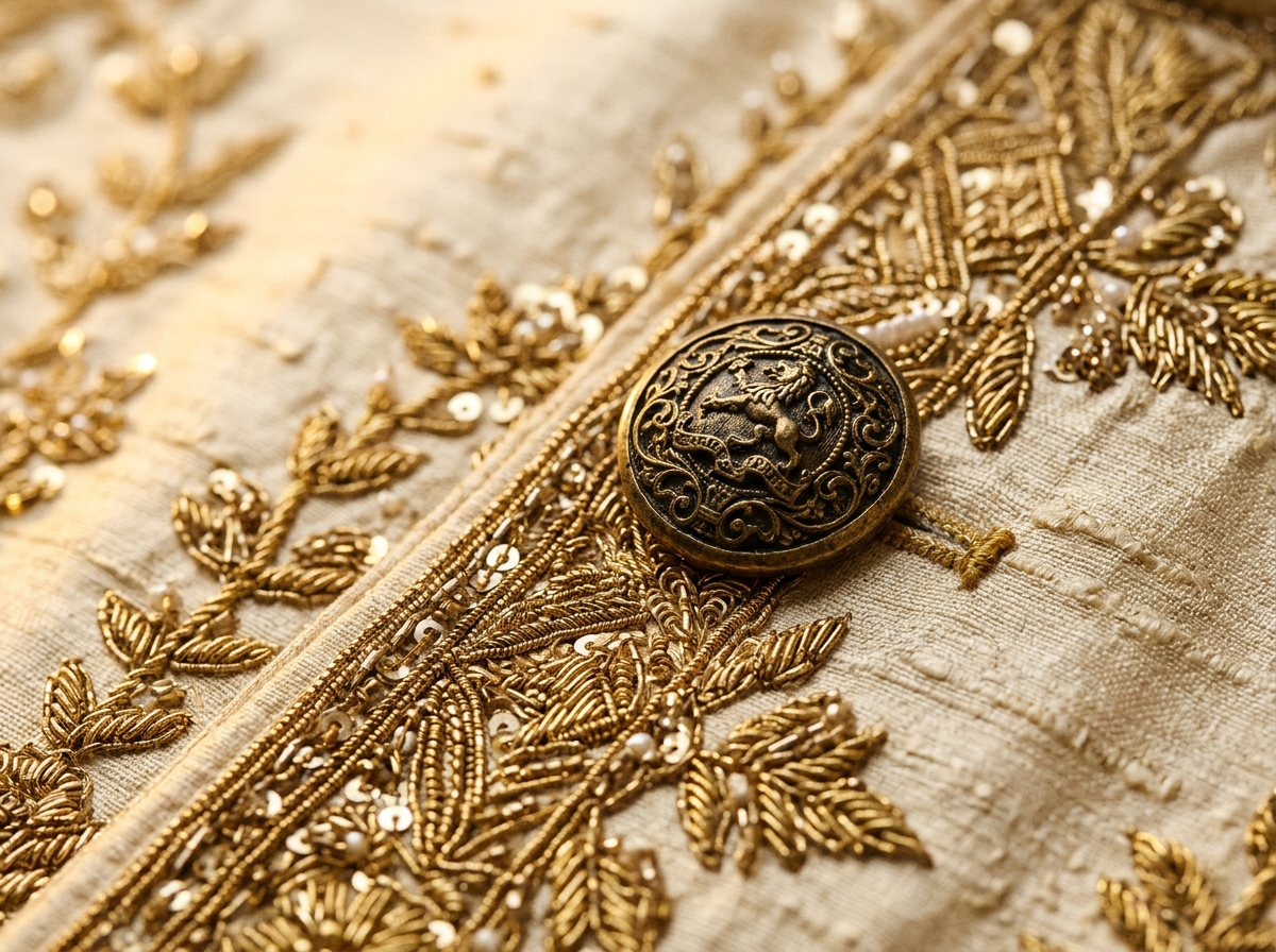 Close-up macro of handcrafted gold zardozi bullion embroidery and heraldic metal button