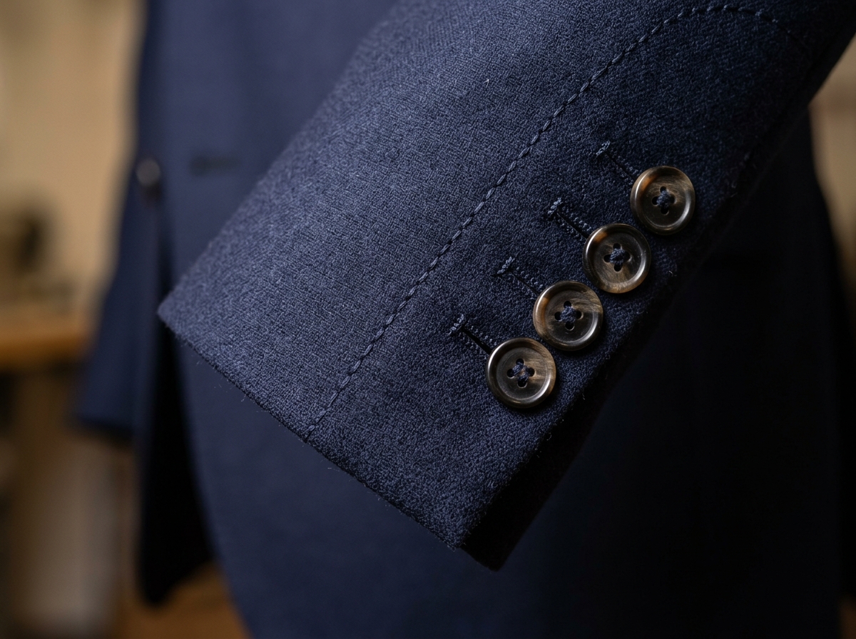 Tailoring detail of Italian wool suit sleeve with surgeon cuffs and hand pick-stitching